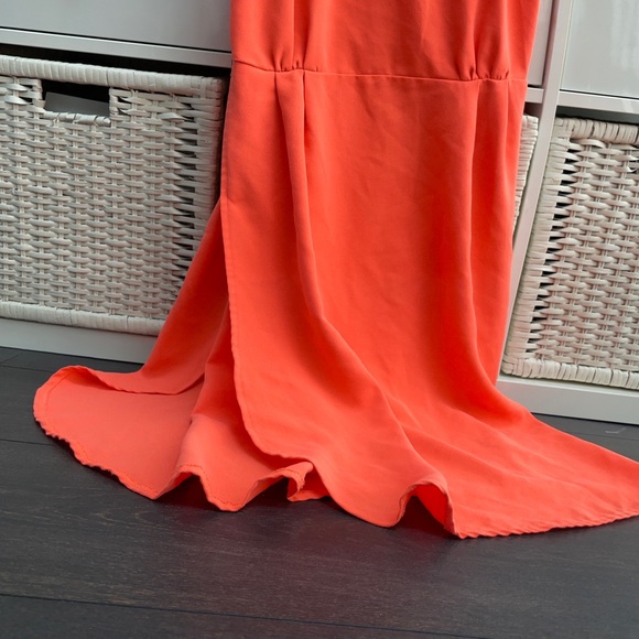 Sophia Neon Peach Pink Wrap Side Slit Asymmetrical Midi Dress - Picture 8 of 13